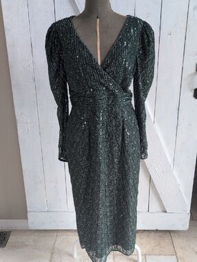Mac Duggal SZ 12 Dark Green Sequin &Lace Long Sleeve Midi Dress